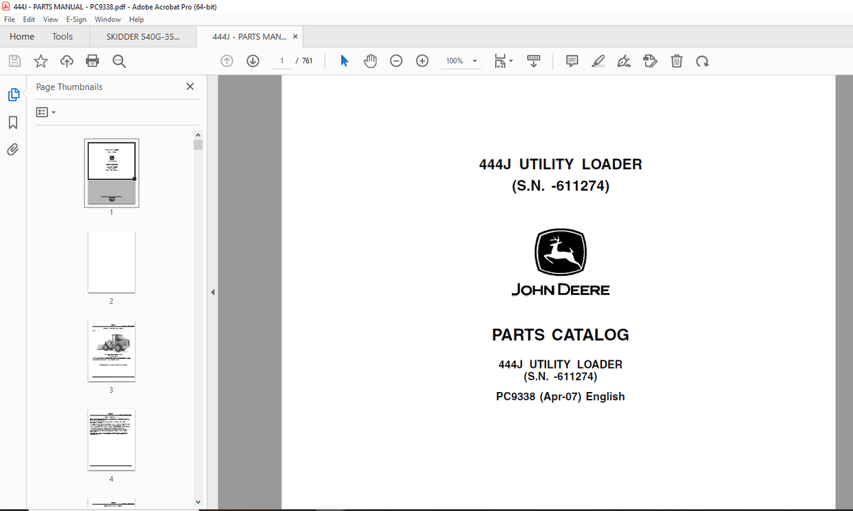 John Deere 444J UTILITY LOADER Parts Manual (S.N. 611274) PDF DOWNLOAD