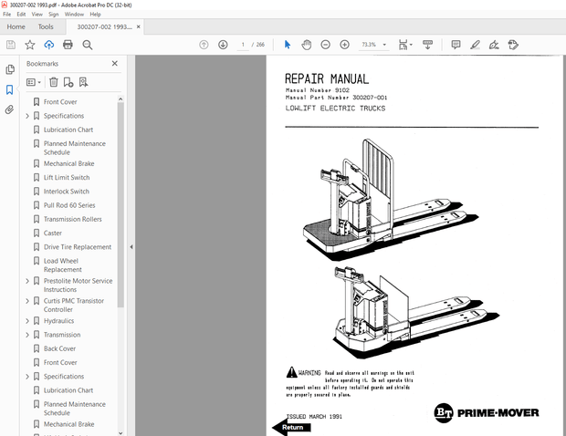 BT Prime-Mover Forklift LOWLIFT ELECTRIC TRUCKS REPAIR MANUAL 9102