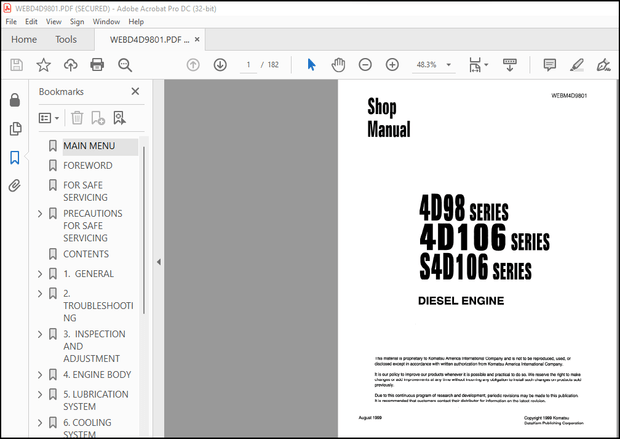 Komatsu 4D98 Series 4D106 Series S4D10S6 Series Diesel Engine Shop Manual WEBM4D9801 – PDF DOWNLOAD
