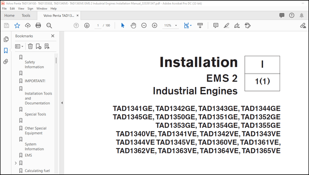 Volvo Penta TAD1341GE- TAD1355GE TAD1340VE-TAD1365VE EMS2 Industrial Engine Installation Manual PDF
