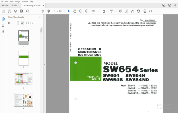 Sakai SW654 SW654H SW654B SW654ND Operation &amp; Maintenance Manual - PDF