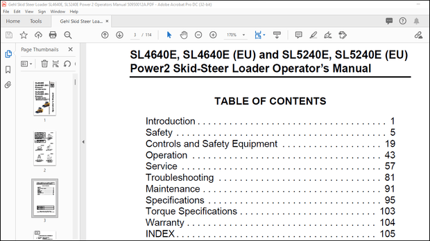 Gehl SL4640E SL4640E (EU) Power2 SL5240E SL5240E (EU) Power2 Skid-Steer Loader Operator’s Manual PDF