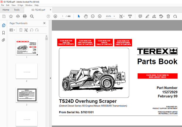 Terex TS24D Overhung Scraper (Detroit Diesel Series 60 Engine Allison M5600AR ) Parts Manual PDF