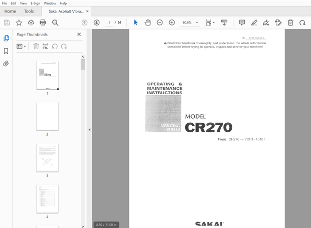 Sakai Asphalt Vibrating Roller CR270 Operating &amp; Maintenance Manual PDF
