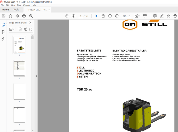 Still STED Forklift TSR 20 ac Electric Fork Truck Spare Parts List Manual 4547 – PDF DOWNLOAD