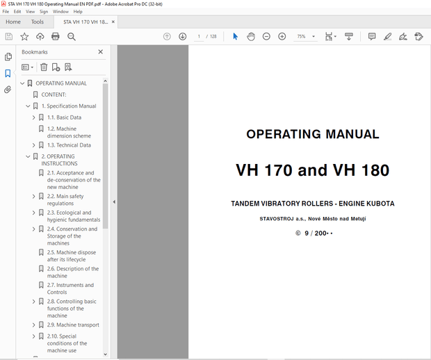STA VH 170 &amp; VH 180 TANDEM VIBRATORY ROLLERS ENGINE KUBOTA OPERATING MANUAL – PDF DOWNLOAD