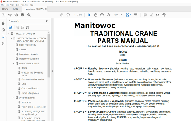 Manitowoc Traditional Crane 3000W Parts Manual SN 30318 PDF