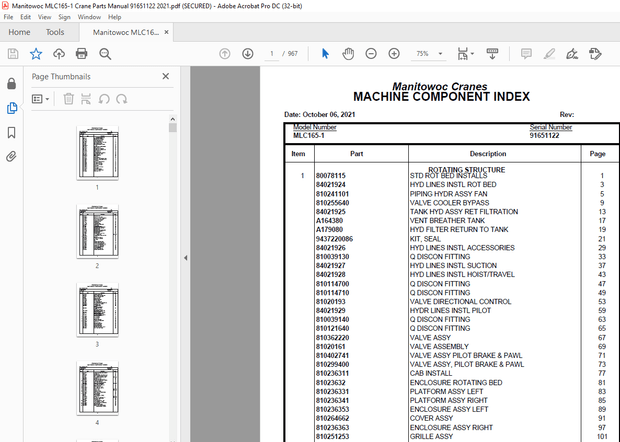 Manitowoc Crane MLC165-1 Parts Manual SN 91651122 – PDF DOWNLOAD