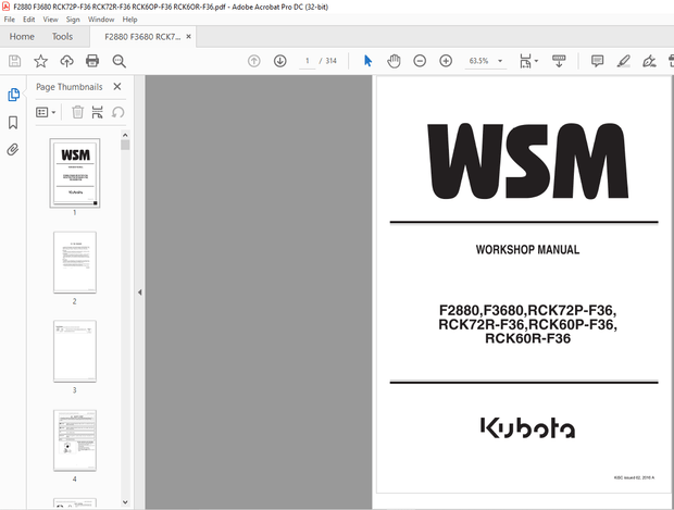Kubota Rotary Mower F2880 F3680 RC K72 P-F36 RCK72R-F36 RCK60P-F36 RCK60R-F36 Workshop Manual – PDF 