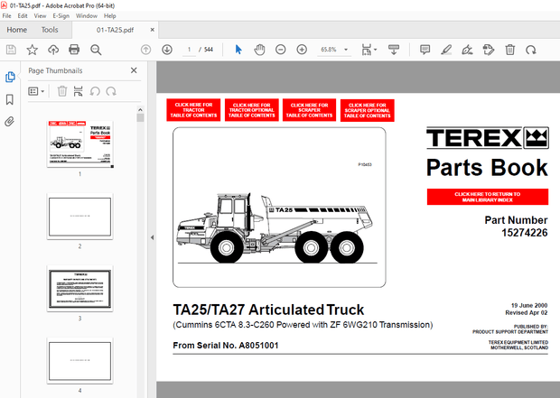 Terex TA25 TA27 Articulated Truck (Cummins 6CTA 8.3-C260 Powered with ZF 6WG210 Transmission) Parts 