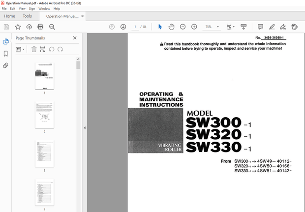 Sakai Vibrating Roller SW300-1 SW320-1 SW330-1 OPERATING &amp; MAINTENANCE Manual