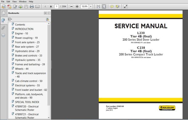 New Holland Skid Steer Compact Track Loader C238, L230 Series Tier 4B final Service Manual