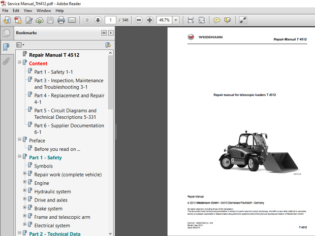 Weidemann Telescopic Loader T4512 Service Repair Manual  PDF DOWNLOAD