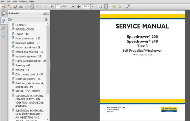 New Holland Speedrower 200 &amp; 240 Tier 3 Self-Propelled Windrower Service Manual (48143361)