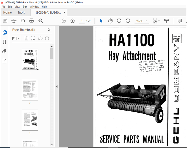 Gehl HA 1100 Hay Attachment Service Parts Manual(903661) – PDF DOWNLOAD