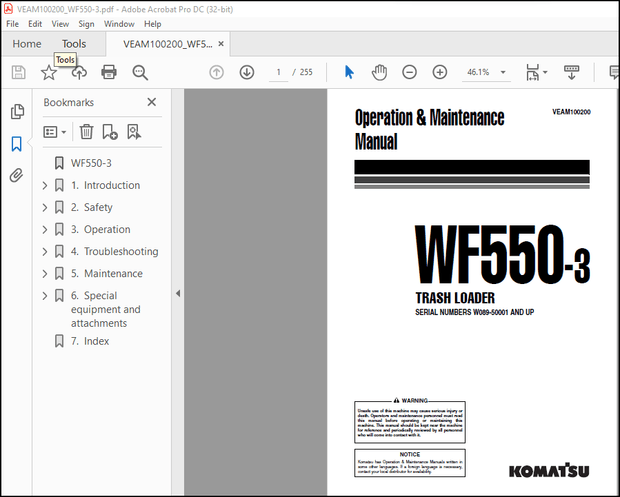 Komatsu Trash Loader WF550-3 Operation &amp; Maintenance Manual VEAM100200 – PDF DOWNLOAD