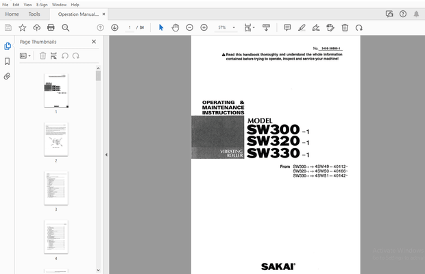 Sakai Vibrating Roller SW300-1 SW320-1 SW330-1 Operation &amp; Maintenance Manual PDF