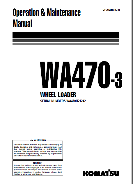 Komatsu Wa470-3h Operation And Maintenance Manual PDF DOWNLOAD