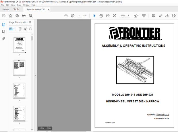 Frontier Wheel Off Set Disk Harrow DH4218 AND DH4221 Assembly &amp; Operating Instruction Manual PDF