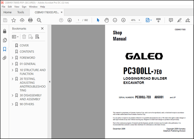 Komatsu Galeo PC300LL-7E0 Logging Road Builder Excavator Shop Manual CEBM017800 – PDF DOWNLOAD