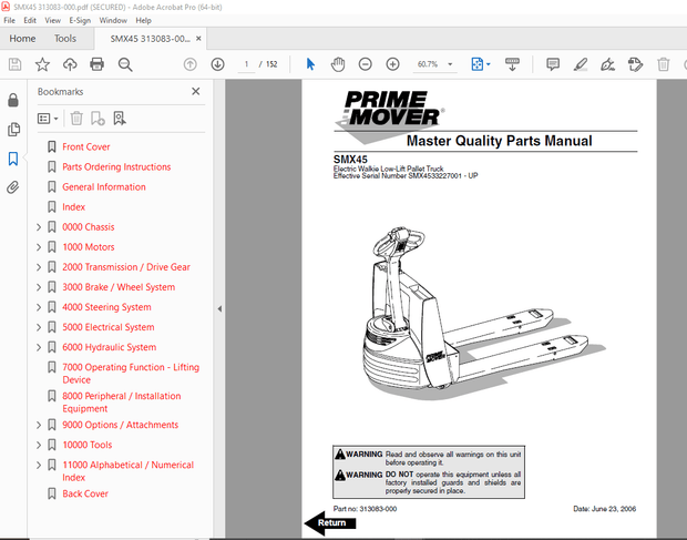 BT Prime Mover SMX45 Electric Walkie Low-Lift Pallet Truck Parts Manual - PDF DOWNLOAD