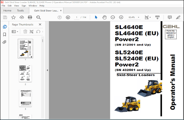 Gehl SL4640E SL4640E (EU) Power2 SL5240E SL5240E (EU) Power2 Skid-Steer Loader Operator’s Manual PDF