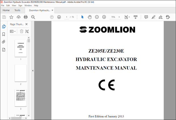 Zoomlion ZE205E ZE230E Hydraulic Excavator Maintenance Manual – PDF DOWNLOAD