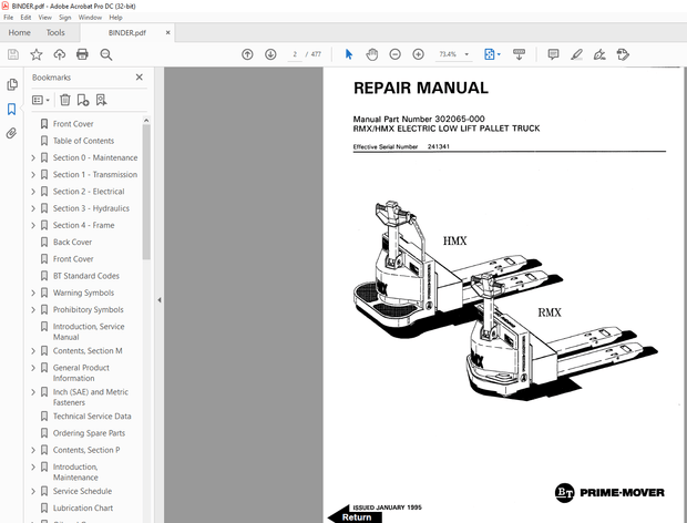 BT Prime-Mover RMX/HMX Electric Low Lift Pallet Truck Service Manual – PDF DOWNLOAD