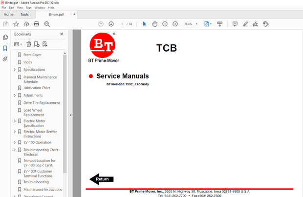 BT Prime-Mover Forklift TCB Electric Tugger Car Body Carrier Service Manual  – PDF DOWNLOAD