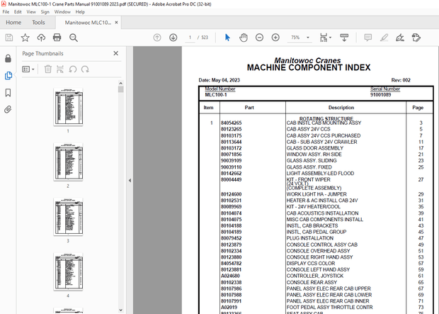 Manitowoc Crane MLC100-1 Parts Manual SN 91001089 – PDF DOWNLOAD
