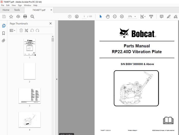 Bobcat RP22.40D Vibration Plate Parts Manual 7434877 (12-20) PDF