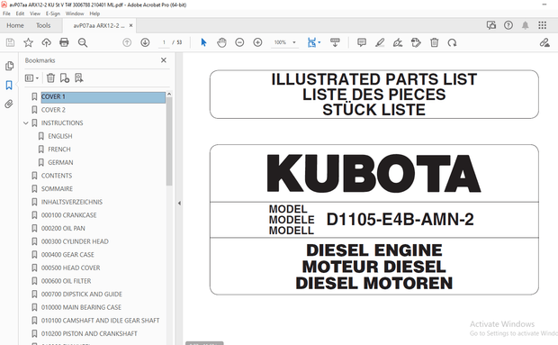AMMANN KUBOTA D1105-E4B-AMN-2 DIESEL ENGINE PART MANUAL PDF 
