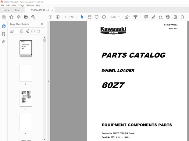 Kawasaki KCM 60Z7 Wheel Loader Parts Manual 93306-00292 – PDF DOWNLOAD