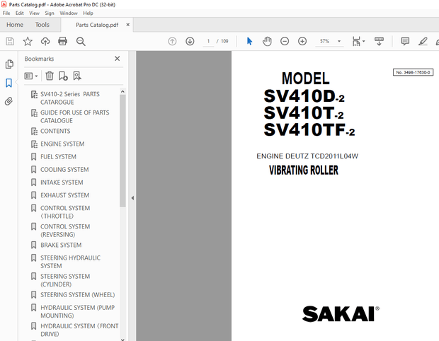 Sakai Soil Roller SV410D-2 SV410T-2 SV410TF-2 VIBRATING ROLLER Parts Manual - PDF