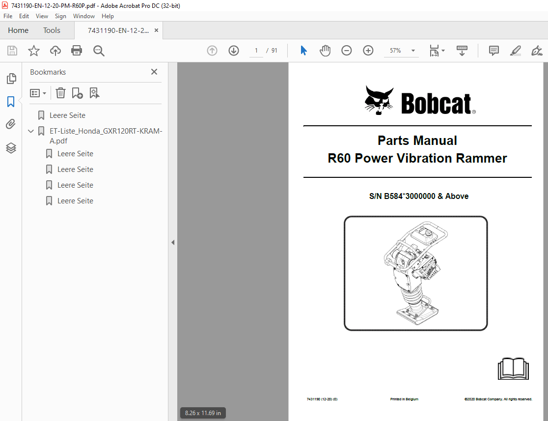 Bobcat R60 Power Vibration Rammer Parts Manual 7431190 PDF