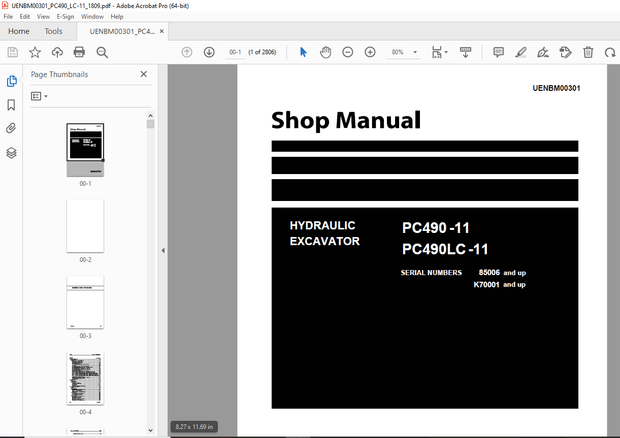 Komatsu PC490-11,PC490LC-11 Hydraulic Excavator Shop Manual UENBM00301 -  PDF DOWNLOAD