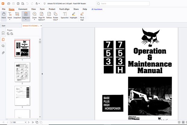 Bobcat 753 753H Base Plus High Horsepower Operation &amp; Maintenance Manual - PDF DOWNLOAD