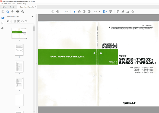 Sakai Vibrating Roller SW352-1 TW352-1 SW502-1 TW502S-1 OPERATING &amp; MAINTENANCE Manual