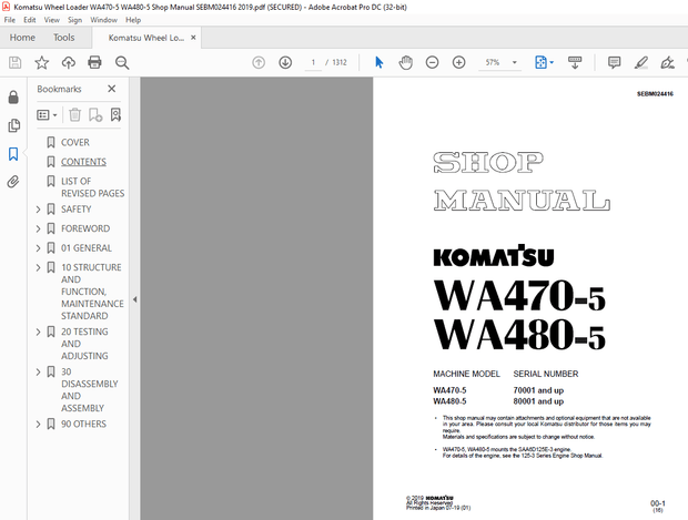 Komatsu WA470-5 WA480-5 Wheel Loader Shop Manual SEBM024416 – PDF DOWNLOAD