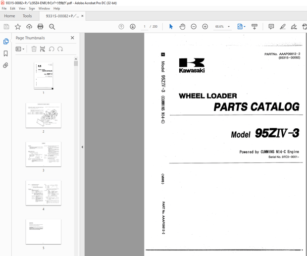 Kawasaki WHEEL LOADER 95ZIV-3 CUMMINS N14-C Engine PARTS MANUAL