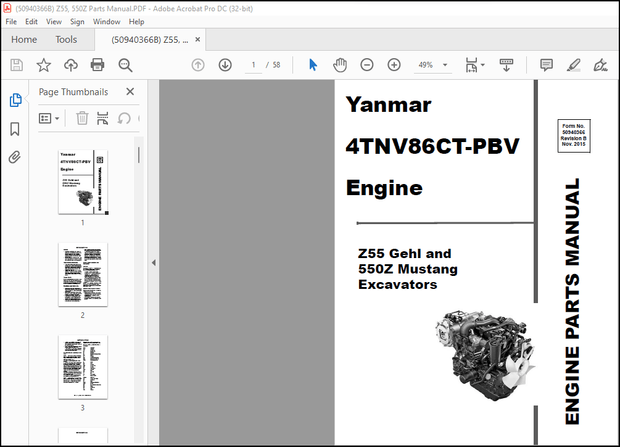 Yanmar 4TNV86CT-PBV Engine Z55 Gehl and 550Z Mustang Excavators Engine Parts Manual(50940366) – PDF 