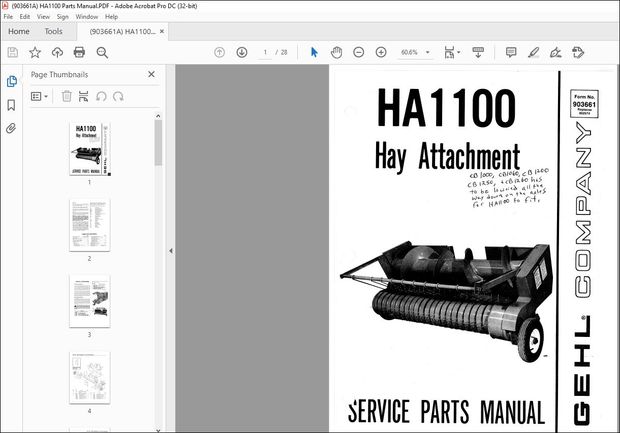 Gehl Hay Attachment HA1100 SERVICE PARTS MANUAL(903661) – PDF DOWNLOAD