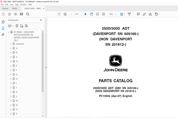 John Deere 250D/300D ADT Parts Manual PC10004 - PDF DOWNLOAD