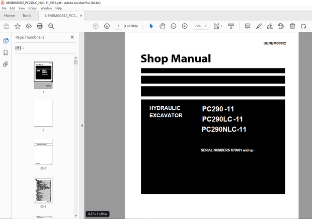 Komatsu PC290-11,PC290LC-11,PC290NLC-11 Hydraulic Excavator Repair Service Manual UENBM00352 - PDF 