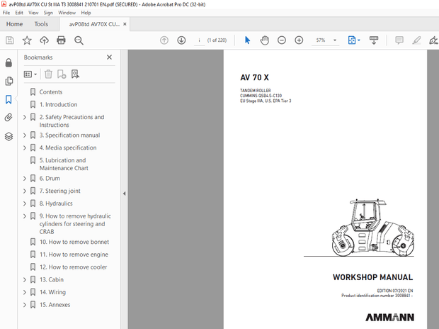 Ammann AV 70 X Tandem Roller Workshop Manual SN 3008841 PDF