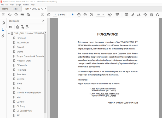 TOYOTA Forklift 7FGU35-80 7FDU35-80 &amp; 7FGCU35-70 Repair Manual - PDF DOWNLOAD