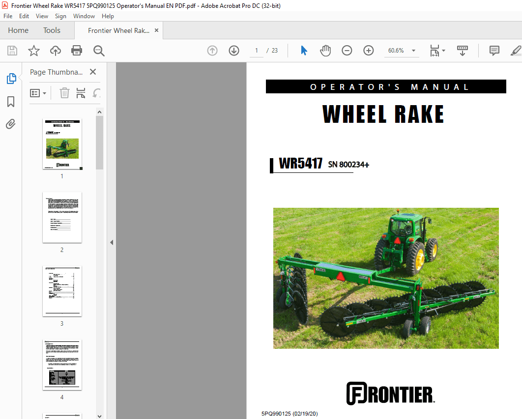 Frontier Wheel Rake Parts Frontier Wheel Rake WR5417 Operator’s Manual(5PQ990125) – PDF DOWNLOAD