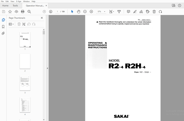 Sakai Asphalt Roller R2-4 R2H-4 Operation &amp; Maintenance Manual – PDF