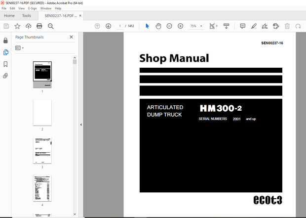 Komatsu HM300-2 Articulated Dump Truck Shop Manual SEN00237-16  - PDF DOWNLOAD