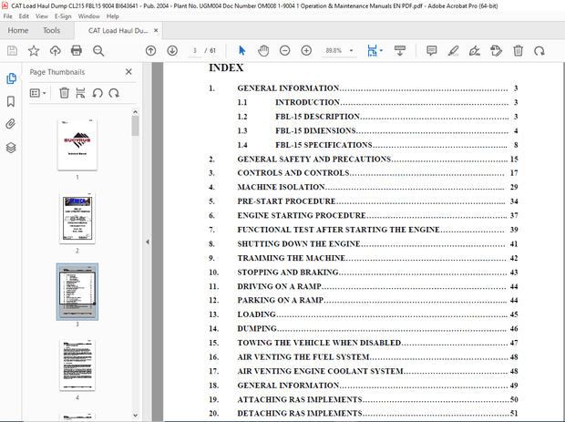 CAT Load Haul Dump FBL-15 LHD / UTILITY VEHICLE Operators Manual - PDF DOWNLOAD